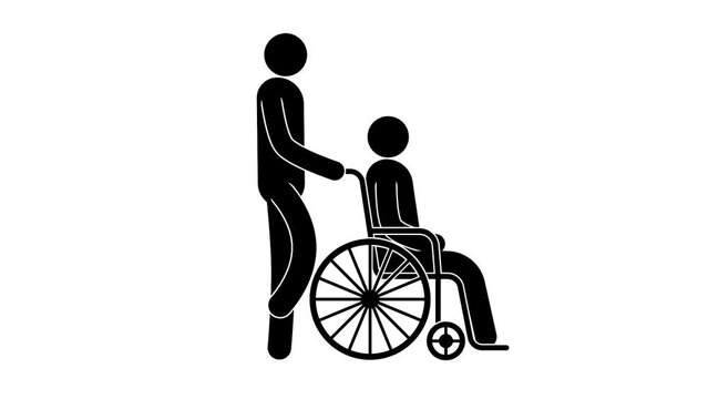 A man pushing a wheelchair with Person with Physical disabilities -animated pictogram.