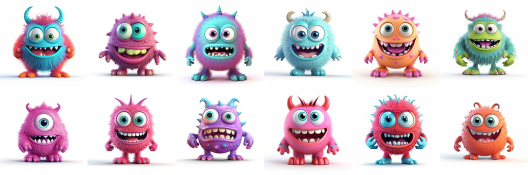 Happy Halloween. Monster colorful 3d set. Cute kawaii cartoon scary funny baby character. Eyes, tongue, tooth fang, hands up. White background - Generative AI