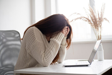 Close up unhappy stressed businesswoman reading bad news in email, frustrated student working on difficult task, online project. Hard remote work