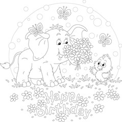 Happy birthday card with a little baby elephant giving a beautiful bouquet of summer flowers to a happy small chick, black and white outline vector cartoon illustration for a coloring book