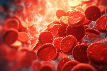 Red blood cells in vein, illustration of streaming blood cells in colour background, Generative AI