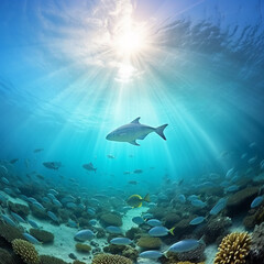 Fototapeta na wymiar Generative AI, Underwater scene with a fish and sun rays