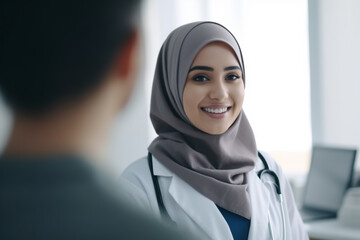 Generative AI, A woman in a hijab with a stethoscope on her neck smiles at a man in a hospital.