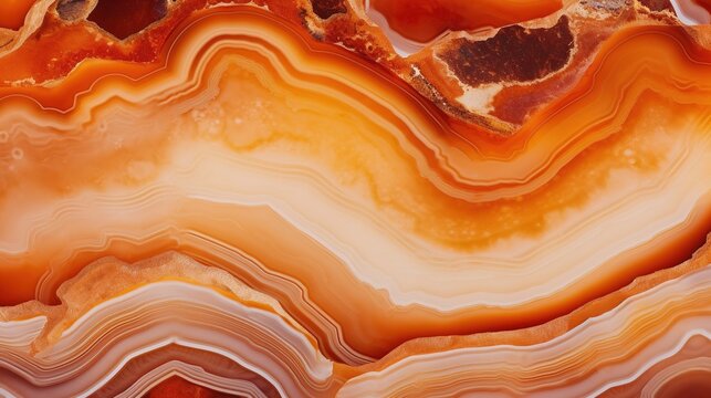 Generative AI, natural volcanic agate stones close-up light orange, apricot crush and golden texture. Wallpaper background, quartz marble, decorative rock pattern.