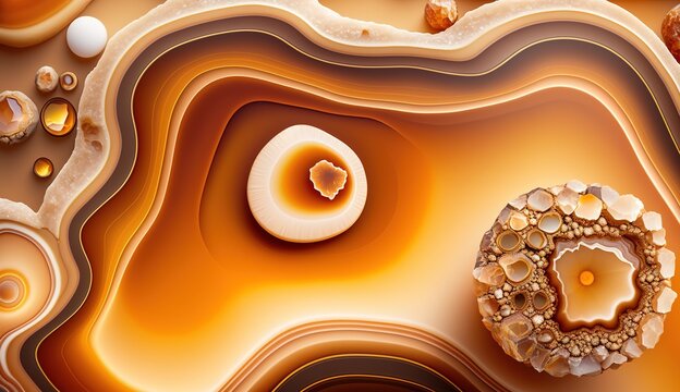 Generative AI, natural volcanic agate stones close-up light orange, apricot crush and golden texture. Wallpaper background, quartz marble, decorative rock pattern.