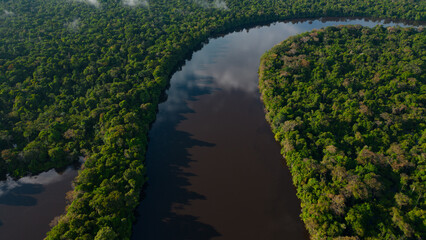 AMAZON RIVERS IN THE PERUVIAN JUNGLE, THEY CLEARLY SHOW THE MEANDERS, THE AMAZON AND THE NANAY ARE IMPORTANT TRIFLUENTS FOR CITIES IN THE PERUVIAN JUNGLE