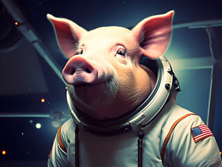 Adorable pig in spacesuit. Piggy astronaut. AI generated.