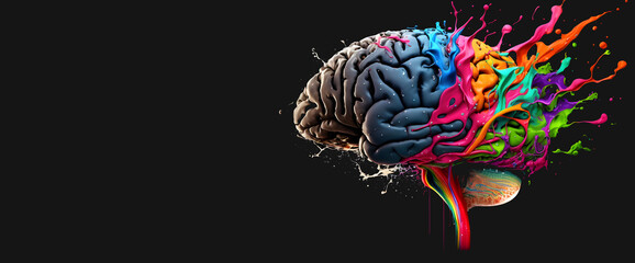 Human brain, colorful paint splashes and drops. AI generated