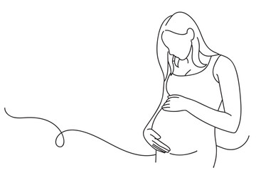 Continuous line art drawing of pregnant woman touching her belly. Maternity Vector illustration - obrazy, fototapety, plakaty