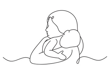 Continuous one line drawing of newborn baby sleeping on mother hands. Mother and baby line art style of vector illustration, Mothers Day Celebration and Maternity.