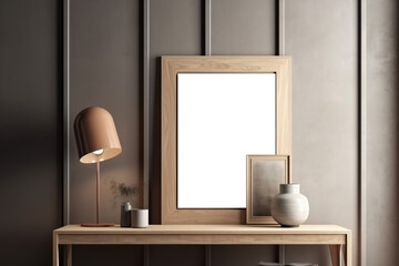 Blank wooden picture frame mockup on wall in modern interior. Vertical artwork template mock up for artwork, painting, photo or poster in interior design, AI generated art