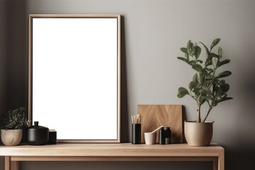 Blank wooden picture frame mockup on wall in modern interior. Vertical artwork template mock up for artwork, painting, photo or poster in interior design, AI generated art