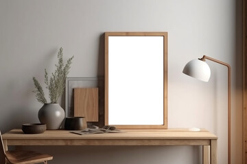 Blank wooden picture frame mockup on wall in modern interior. Vertical artwork template mock up for artwork, painting, photo or poster in interior design, AI generated art