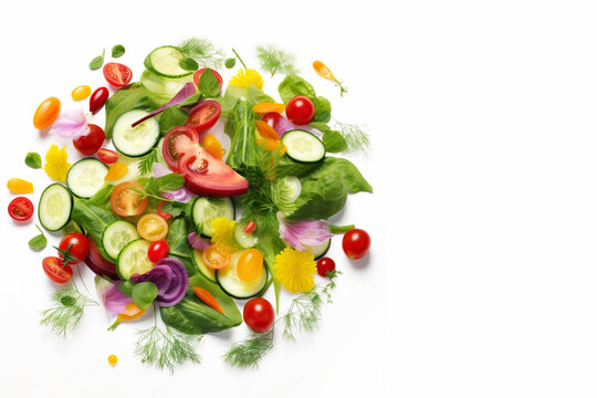 Summer vitamin salad of lettuce leaves, tomatoes, cucumbers, onions and yellow pepper on a white background, Generative AI, generative artificial intelligence