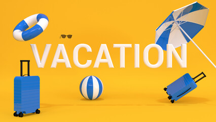 3D inscription Vacation surrounded by beach accessories on a yellow background. 3d render illustration.