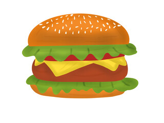 hamburger urgent food Free time can be eaten. for the hustle make logos and ads on white background.
