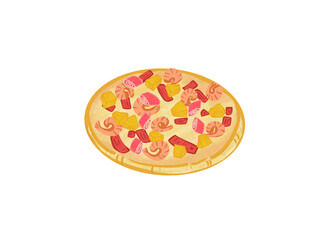 Seafood pizza, thin crust, delicious, colorful, very appetizing for shops on a white background.
