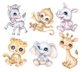 Set cute safari baby animals, collection cartoon funny jungle animals  - elephant, giraffe, monkey, leopard, zebra and rhino. Hand drawn Fun zoo watercolor illustration - 602992267
