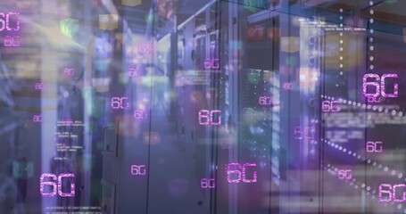 Animation of 6g text banners, spots of light and data processing against computer server room - Powered by Adobe