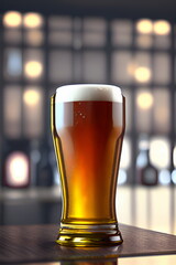 Glass of beer on table in pub. 3d render illustration.