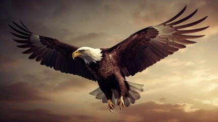 Bald Eagle flying in the cloudy sky. Generative AI. - obrazy, fototapety, plakaty