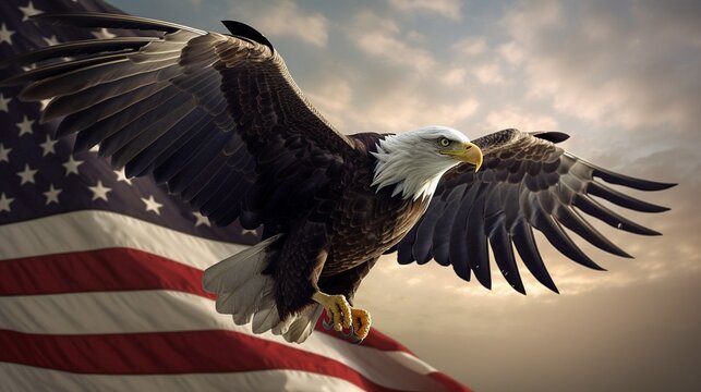 Bald Eagle with American Flag in the background.  Generative AI.