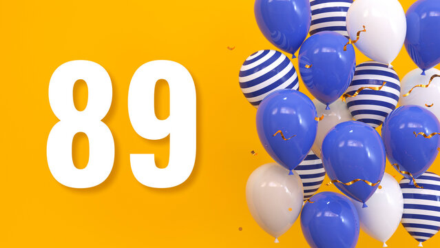 The inscription 89 on a yellow background with balloons, golden confetti, serpentine. Greeting card, bright concept, illustration. 3d render.