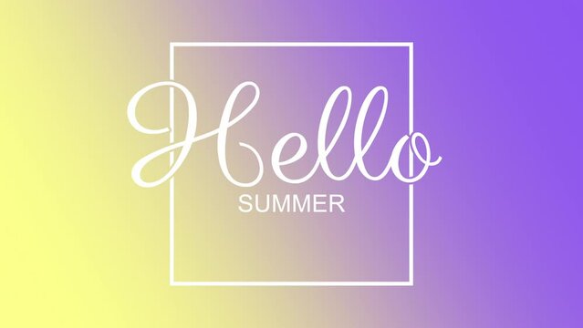 Hello Summer on purple and yellow gradient with elegance frame, motion promotion, summer and retro style background