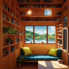 modern living room with bookshelves