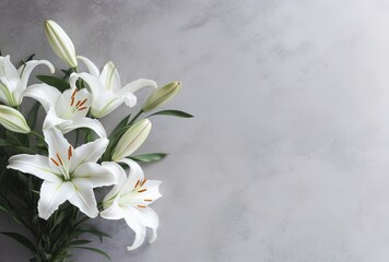 White flowers on grey background, grief, loss, coping of mourning. Condolences card. Generative AI