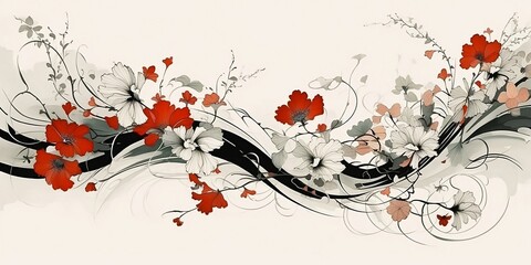 Kimono drawing, simplistic Japanese aesthetic art on a white textured background, hints of red flowers. Wallpaper for cards and flyers. Inspired by Ukiyo. Ai generative illustration