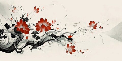 Kimono drawing, simplistic Japanese aesthetic art on a white textured background, hints of red flowers. Wallpaper for cards and flyers. Inspired by Ukiyo. Generative AI technology.