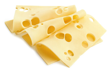 Three Maasdam cheese slices on white background