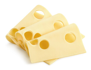 Three Maasdam cheese slices on white background