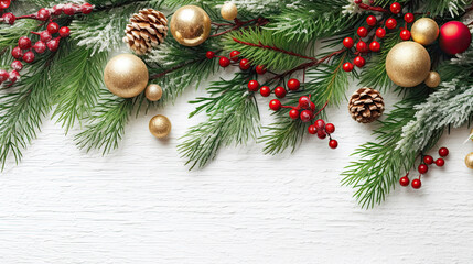 Naklejka na ściany i meble Christmas background with red gold ornaments and baubles. Festive holidays arrangement. Digitale illustration. Generative AI