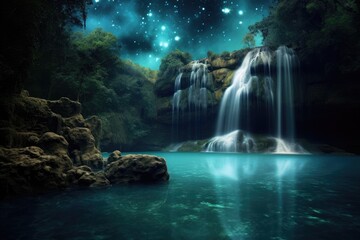 Fototapeta na wymiar Beauty of a waterfall illuminated by the ethereal glow of the moonlight. Generative AI