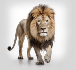 Fototapeta na wymiar Lion walking on white background. Generative AI