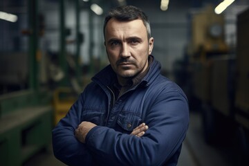 Obraz premium Portrait of a warehouseman working in a warehouse. Ai generative.