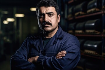 Obraz premium Portrait of a warehouseman working in a warehouse. Ai generative.