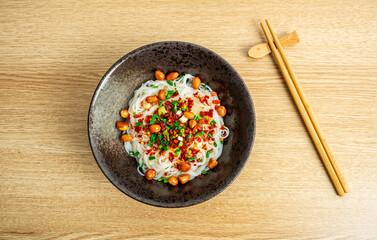 A bowl of homemade Nanchang Mixed Noodles on the dining table