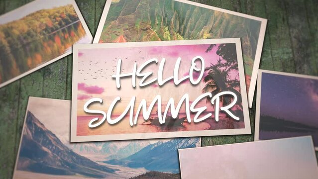 Hello Summer with collage photos with summer landscape in different country and time, motion promotion, summer and travel style background