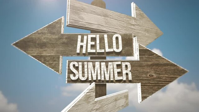 Hello Summer with direction indicator on road with blue sky, motion promotion, summer and travel style background