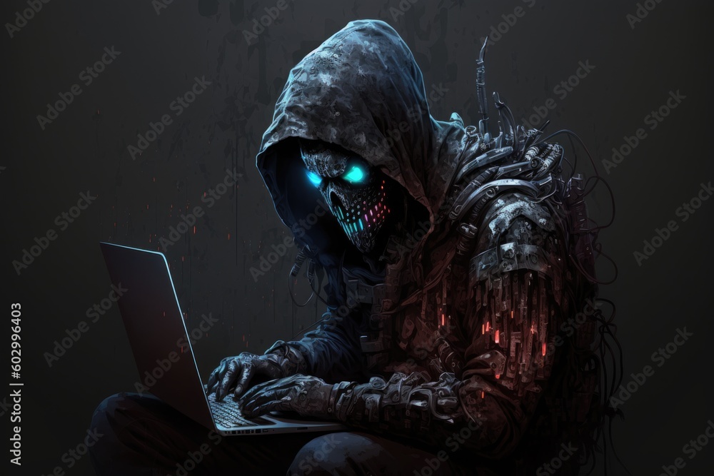 Poster hacker with a laptop in the dark. cyber attack concept