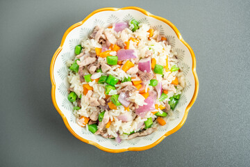 A plate of homemade colorful meat fried rice