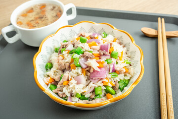 Colorful Meat Fried Rice with Stewed Meat Soup