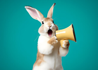 Rabbit announcing using hand speaker. Notifying, warning, announcement. AI generated