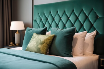 Close up of new green colored bed with decorative pillows, fabric headboard in bedroom in sample model of hotel or apartment, created with Generative AI.