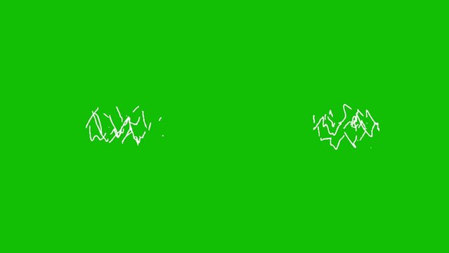 Animation of hand-drawn white energy lines with motion blur on the green screen background. Looped video. Vector illustration on green background.