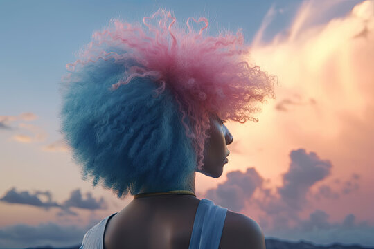 Close up back view of an African-American girl with pink curly hair wearing a blue dress against a blue sky background, created with Generative AI