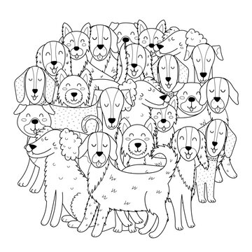 Cute dogs circle shape coloring page. Funny puppy characters mandala for coloring book. Vector illustration